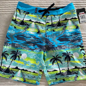 Hurley Boys Board Shorts Bathing Suit Pockets Tie Closure Palm Trees size 12